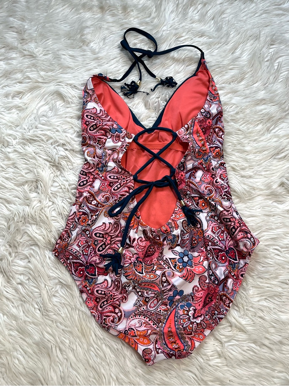 Wonderfly Lace-Up Back One Piece Halter Strappy Swimsuit Paisley Print